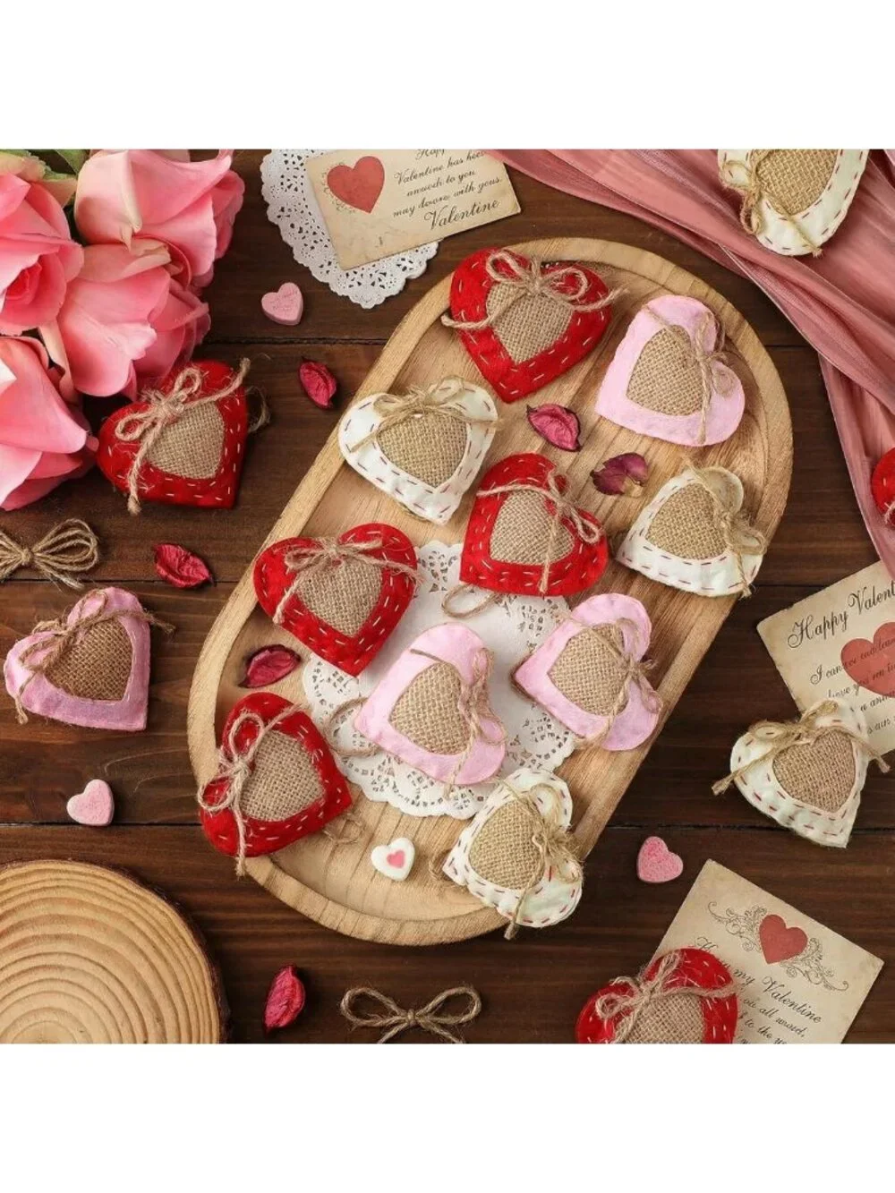24 Pcs Neutral Valentine's Day Felt Heart Ornaments - Rustic Home Decor & Party
